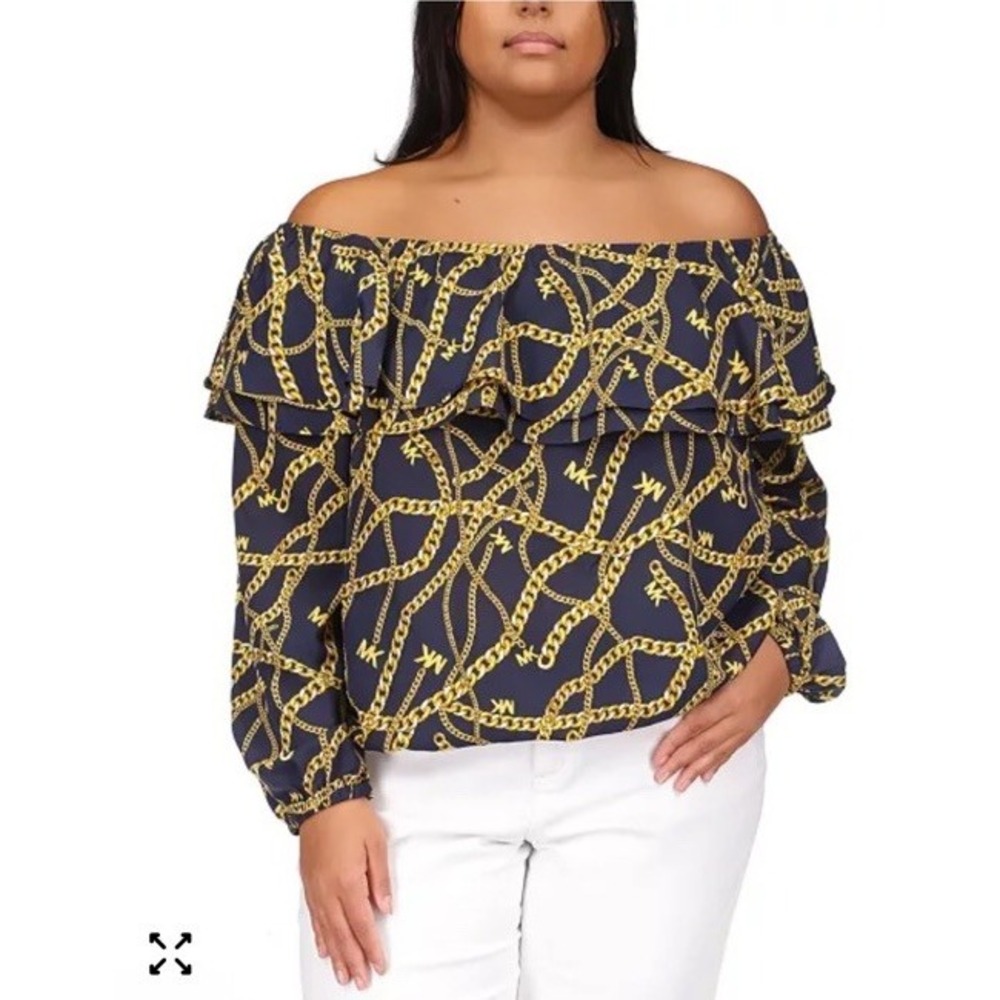 Michael Kors Plus Off-Shoulder Navy & Gold Chain Print Blouse